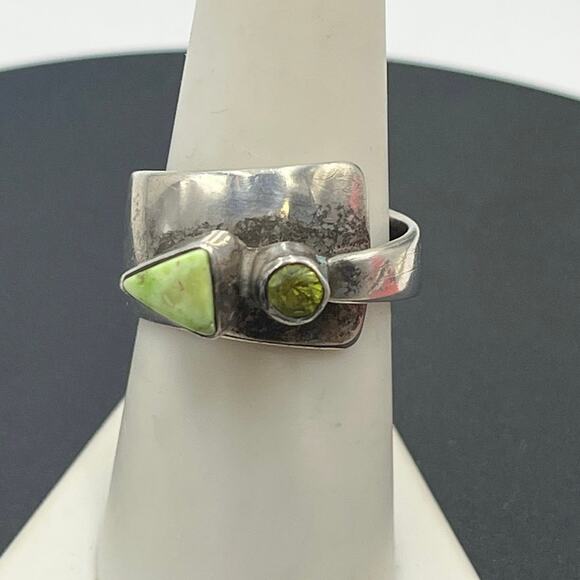 Juan Willie Navajo Sterling Silver Green Turquoise Gaspeite Bypass Ring 9 Signed - Picture 1 of 10